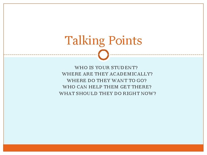 Talking Points WHO IS YOUR STUDENT? WHERE ARE THEY ACADEMICALLY? WHERE DO THEY WANT