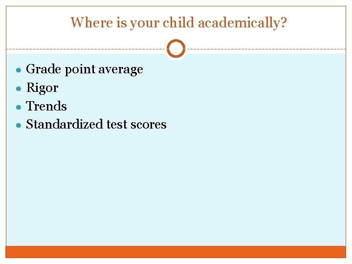 Where is your child academically? ● Grade point average ● Rigor ● Trends ●