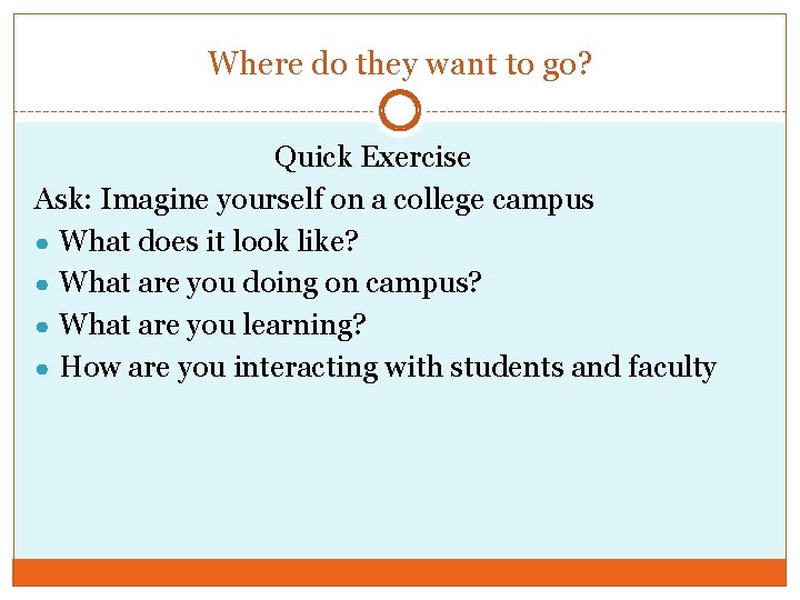 Where do they want to go? Quick Exercise Ask: Imagine yourself on a college