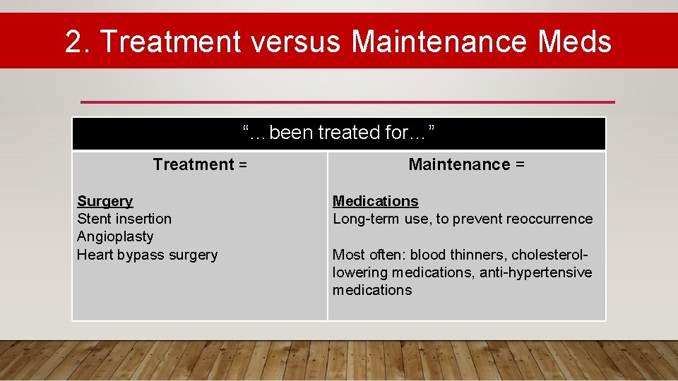 2. Treatment versus Maintenance Meds “…been treated for…” Treatment = Surgery Stent insertion Angioplasty