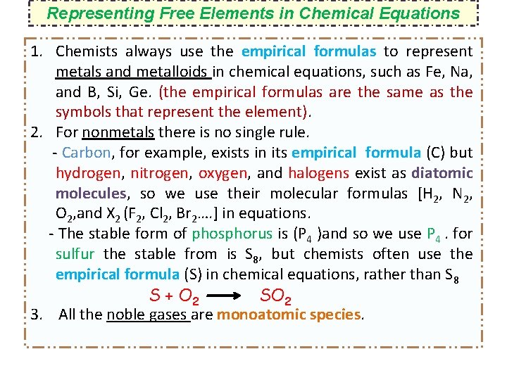 Representing Free Elements in Chemical Equations 1. Chemists always use the empirical formulas to