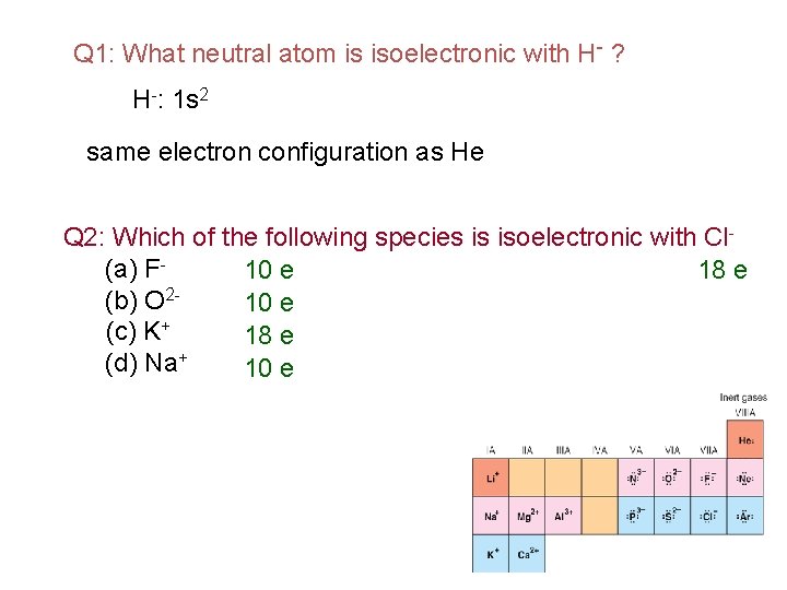 Q 1: What neutral atom is isoelectronic with H- ? H-: 1 s 2