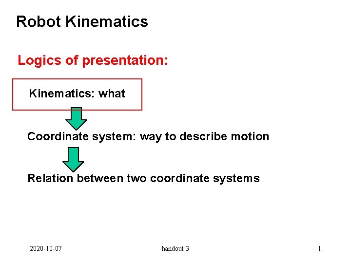 Robot Kinematics Logics of presentation: Kinematics: what Coordinate system: way to describe motion Relation