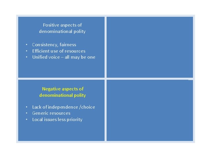 Positive aspects of denominational polity • Consistency, fairness • Efficient use of resources •