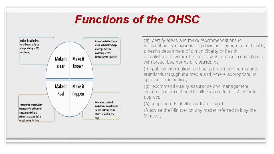 Functions of the OHSC (e) identify areas and make recommendations for intervention by a