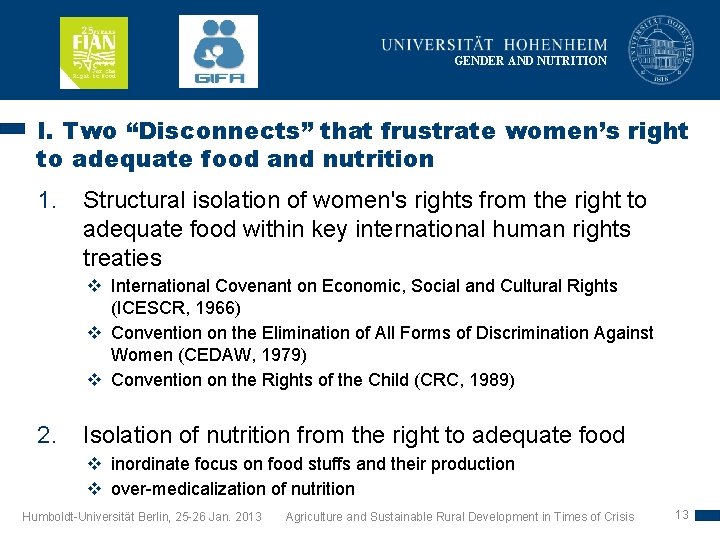 GENDER AND NUTRITION I. Two “Disconnects” that frustrate women’s right to adequate food and