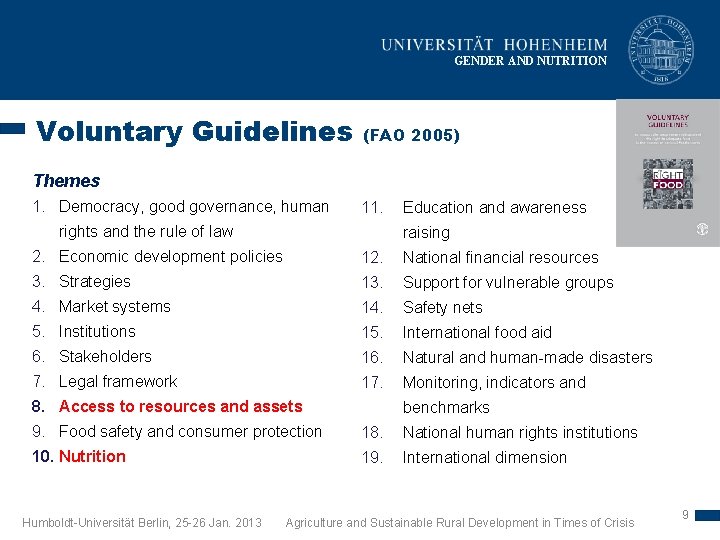 GENDER AND NUTRITION Voluntary Guidelines (FAO 2005) Themes 1. Democracy, good governance, human 11.