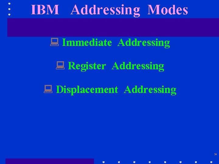 IBM Addressing Modes : Immediate Addressing : Register Addressing : Displacement Addressing 36 