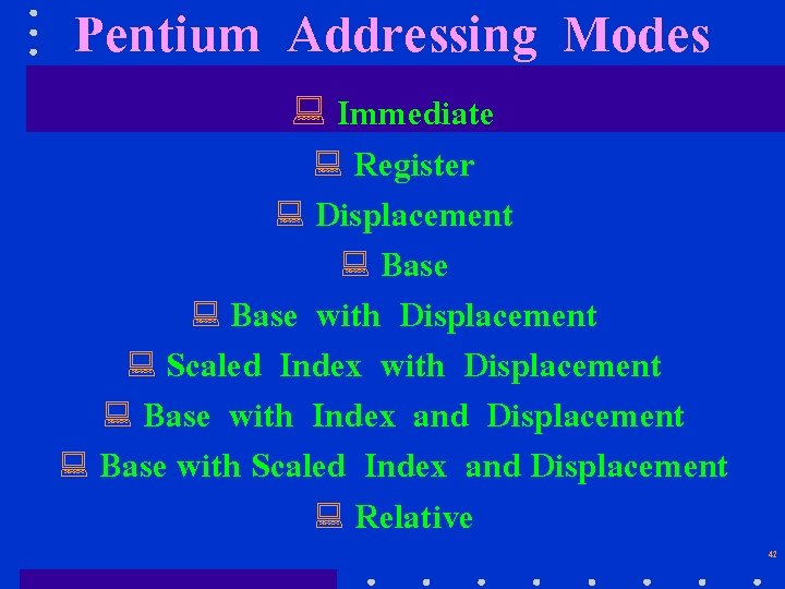 Pentium Addressing Modes : Immediate : Register : Displacement : Base with Displacement :