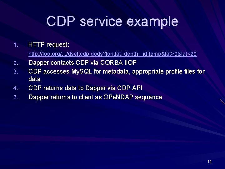 CDP service example 1. HTTP request: http: //foo. org/. . . /dset. cdp. dods?