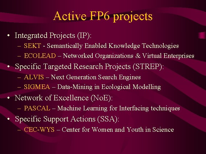 Active FP 6 projects • Integrated Projects (IP): – SEKT - Semantically Enabled Knowledge