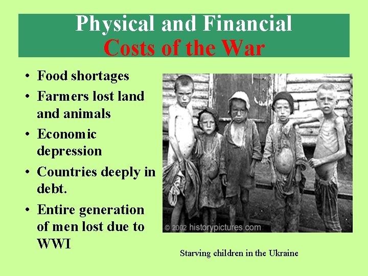 Physical and Financial Costs of the War • Food shortages • Farmers lost land