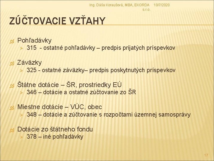 Ing. Dáša Koraušová, MBA, EKORDA 10/7/2020 s. r. o. ZÚČTOVACIE VZŤAHY Pohľadávky Ø Záväzky