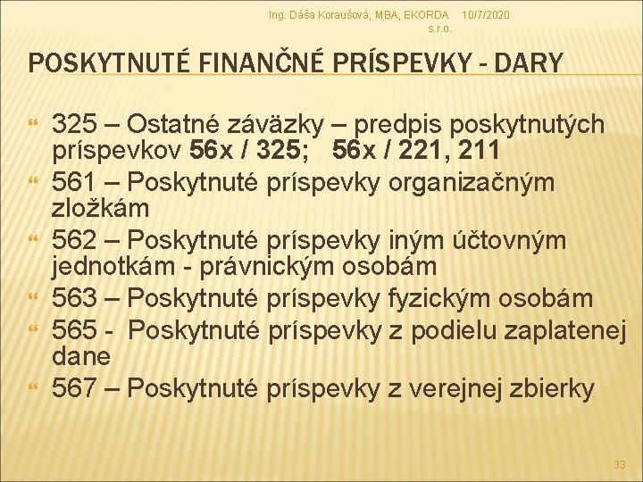 Ing. Dáša Koraušová, MBA, EKORDA 10/7/2020 s. r. o. POSKYTNUTÉ FINANČNÉ PRÍSPEVKY - DARY