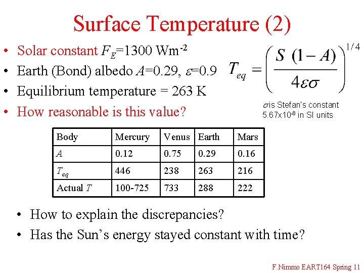 Surface Temperature (2) • • Solar constant FE=1300 Wm-2 Earth (Bond) albedo A=0. 29,