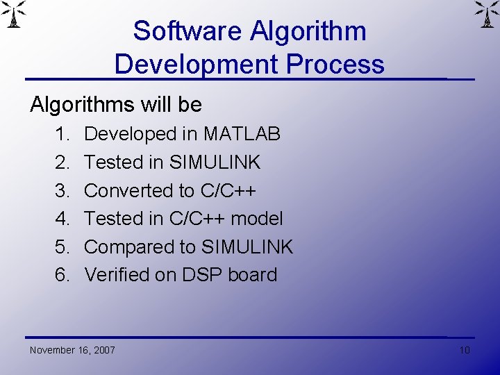 Software Algorithm Development Process Algorithms will be 1. 2. 3. 4. 5. 6. Developed