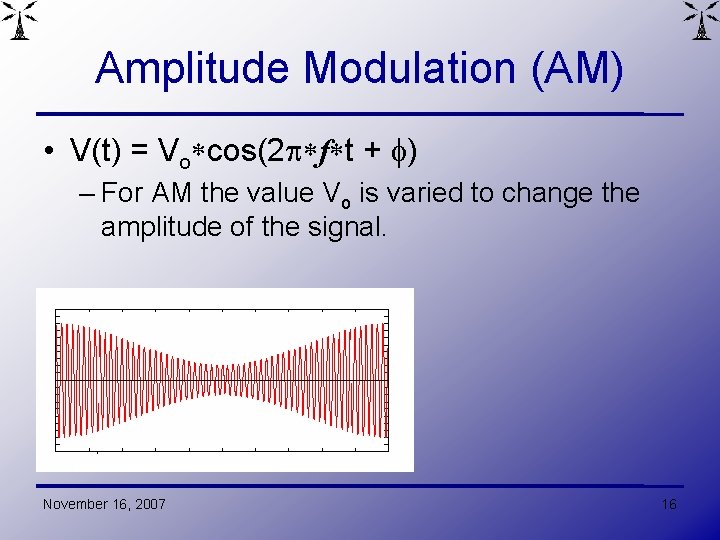 Amplitude Modulation (AM) • V(t) = Vo cos(2 f t + ) – For