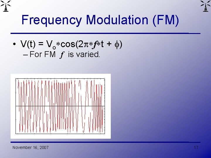 Frequency Modulation (FM) • V(t) = Vo cos(2 f t + ) – For
