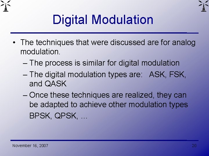 Digital Modulation • The techniques that were discussed are for analog modulation. – The