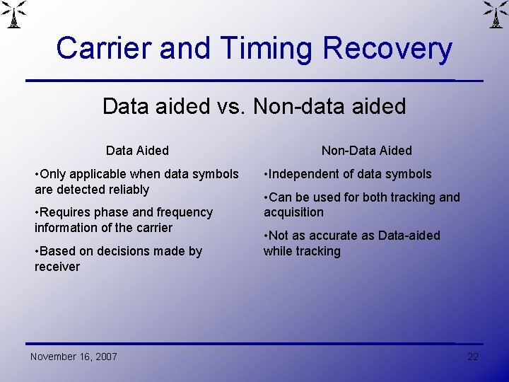 Carrier and Timing Recovery Data aided vs. Non-data aided Data Aided • Only applicable