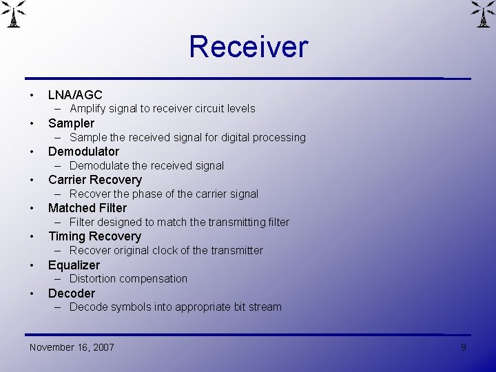 Receiver • LNA/AGC – Amplify signal to receiver circuit levels • Sampler – Sample