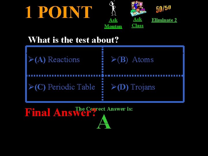 1 POINT Ask Mouton Ask Class Eliminate 2 What is the test about? Ø(A)