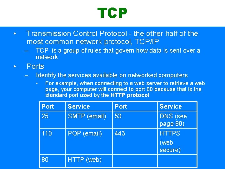 TCP • Transmission Control Protocol - the other half of the most common network