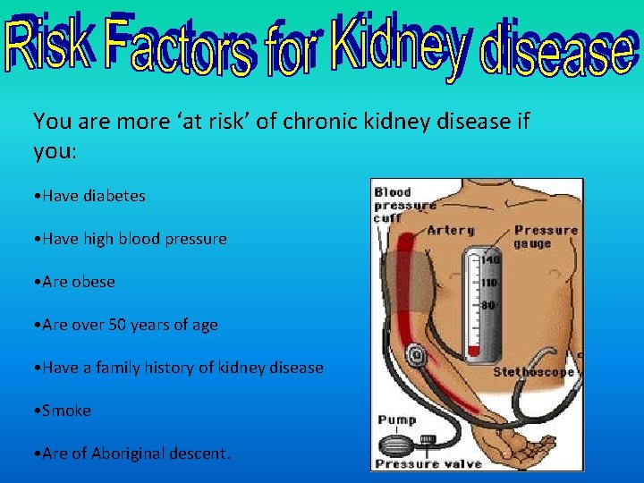 You are more ‘at risk’ of chronic kidney disease if you: • Have diabetes