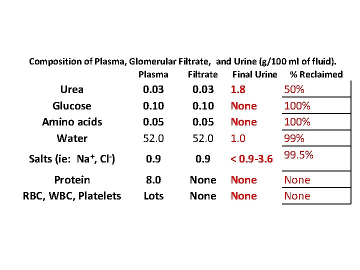 Composition of Plasma, Glomerular Filtrate, and Urine (g/100 ml of fluid). Plasma Filtrate Final