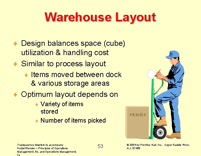 Warehouse Layout ¨ Design balances space (cube) utilization & handling cost ¨ Similar to