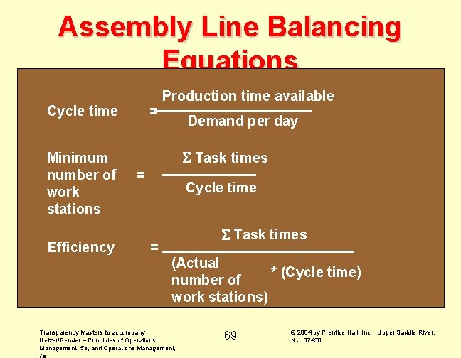 Assembly Line Balancing Equations Cycle time Minimum number of work stations Efficiency = Production