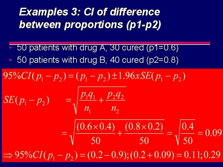 Examples 3: CI of difference between proportions (p 1 -p 2) • 50 patients