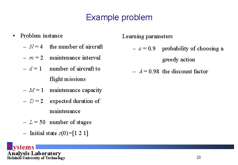 Example problem • Problem instance – N=4 the number of aircraft – m=2 maintenance