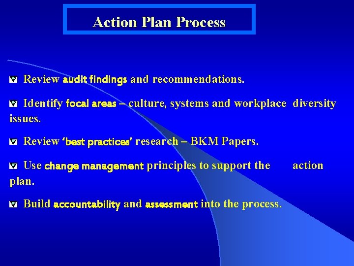 Action Plan Process Review audit findings and recommendations. Identify focal areas – culture, systems