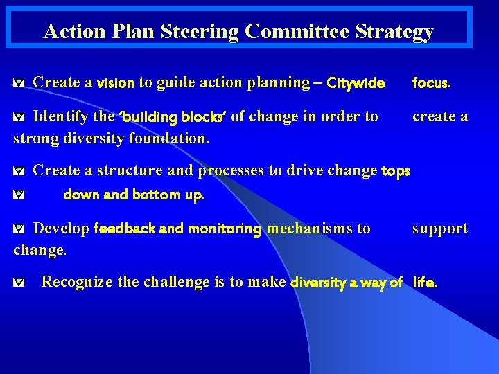 Action Plan Steering Committee Strategy Create a vision to guide action planning – Citywide