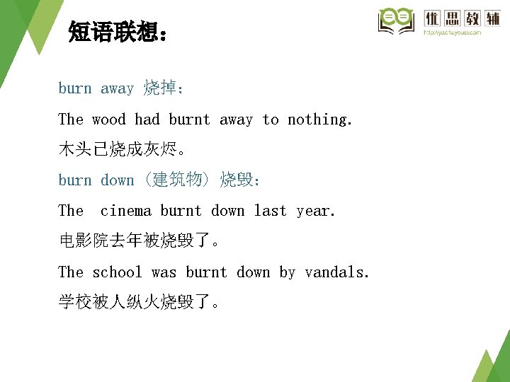 短语联想: burn away 烧掉: The wood had burnt away to nothing. 木头已烧成灰烬。 burn down 短语联想: burn away 烧掉: The wood had burnt away to nothing. 木头已烧成灰烬。 burn down