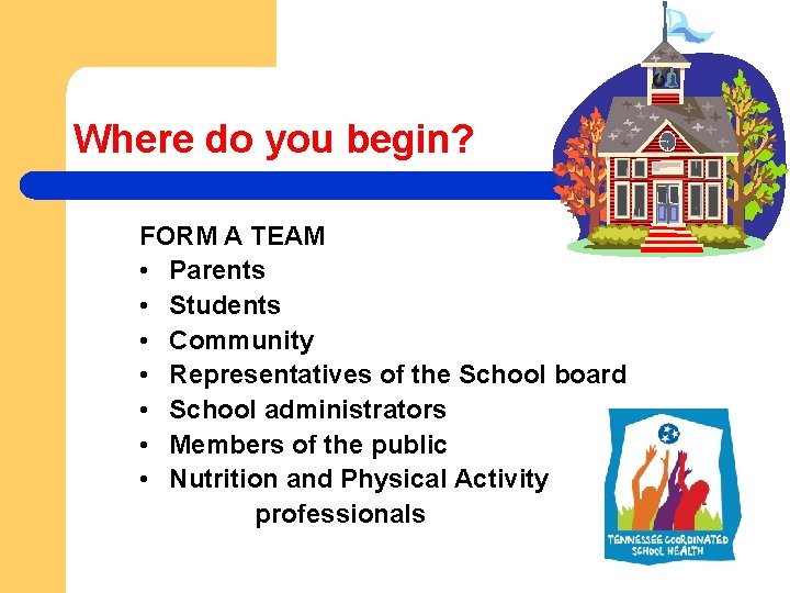 Where do you begin? FORM A TEAM • Parents • Students • Community •