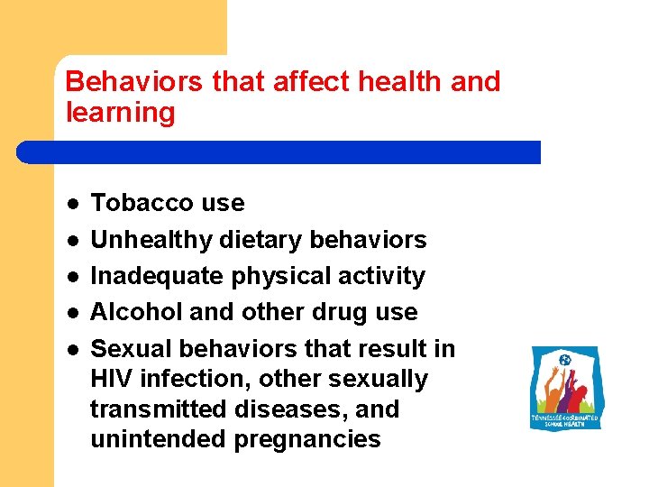 Behaviors that affect health and learning l l l Tobacco use Unhealthy dietary behaviors