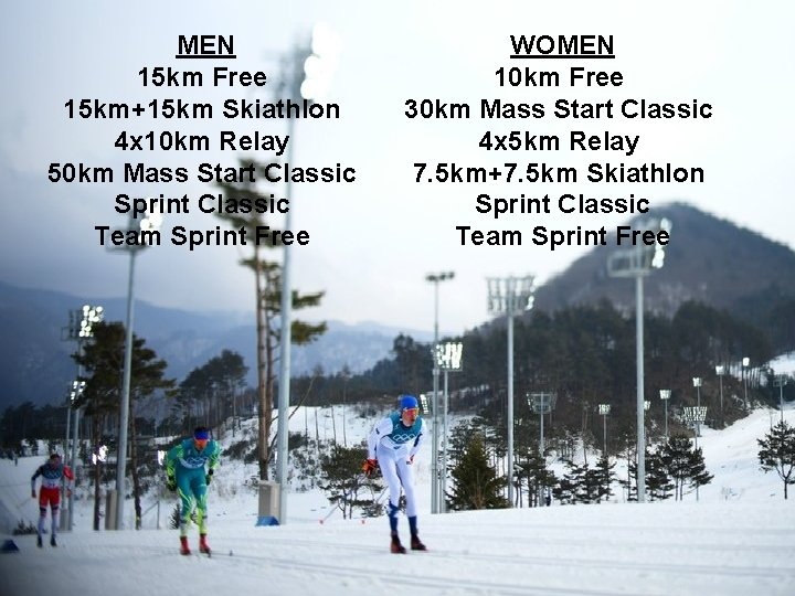 MEN 15 km Free 15 km+15 km Skiathlon 4 x 10 km Relay 50