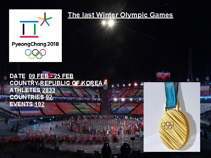 The last Winter Olympic Games DATE 09 FEB - 25 FEB COUNTRY REPUBLIC OF