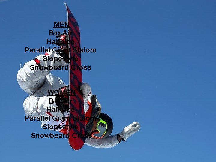 MEN Big Air Halfpipe Parallel Giant Slalom Slopestyle Snowboard Cross WOMEN Big Air Halfpipe