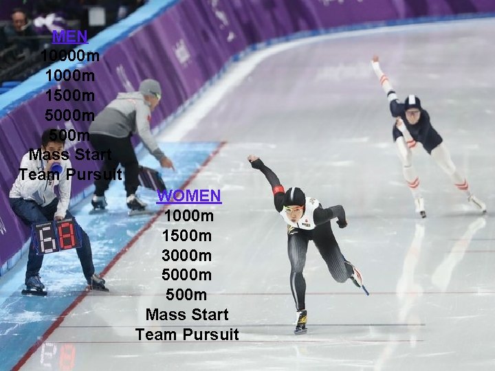 MEN 10000 m 1500 m Mass Start Team Pursuit WOMEN 1000 m 1500 m