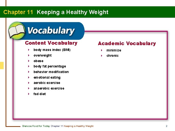 Chapter 11 Keeping a Healthy Weight Content Vocabulary Academic Vocabulary body mass index (BMI)