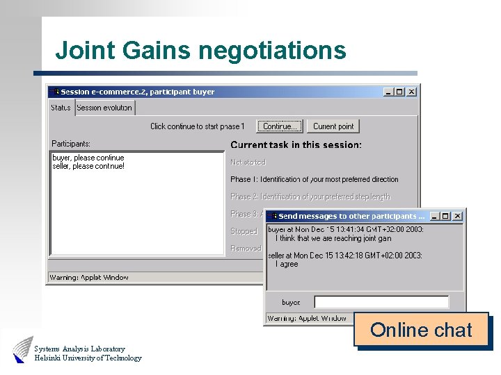 Joint Gains negotiations Online chat Systems Analysis Laboratory Helsinki University of Technology 