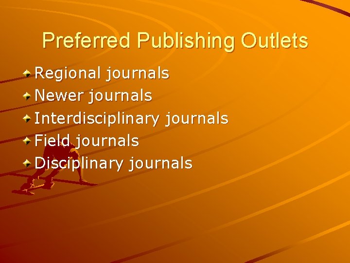 Preferred Publishing Outlets Regional journals Newer journals Interdisciplinary journals Field journals Disciplinary journals Preferred Publishing Outlets Regional journals Newer journals Interdisciplinary journals Field journals Disciplinary journals
