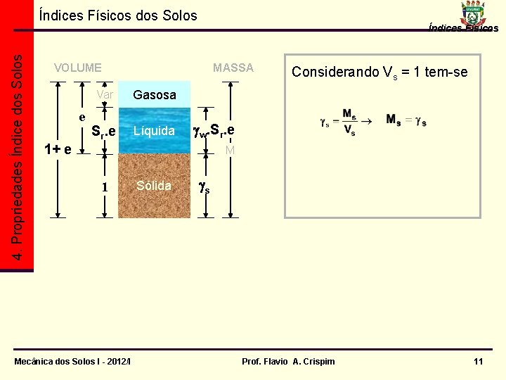 4. Propriedades Índice dos Solos Índices Físicos dos Solos VOLUME e Vv Índices Físicos 4. Propriedades Índice dos Solos Índices Físicos dos Solos VOLUME e Vv Índices Físicos