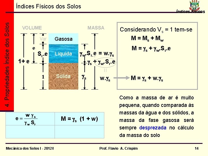 4. Propriedades Índice dos Solos Índices Físicos dos Solos VOLUME Var e Vv Índices 4. Propriedades Índice dos Solos Índices Físicos dos Solos VOLUME Var e Vv Índices