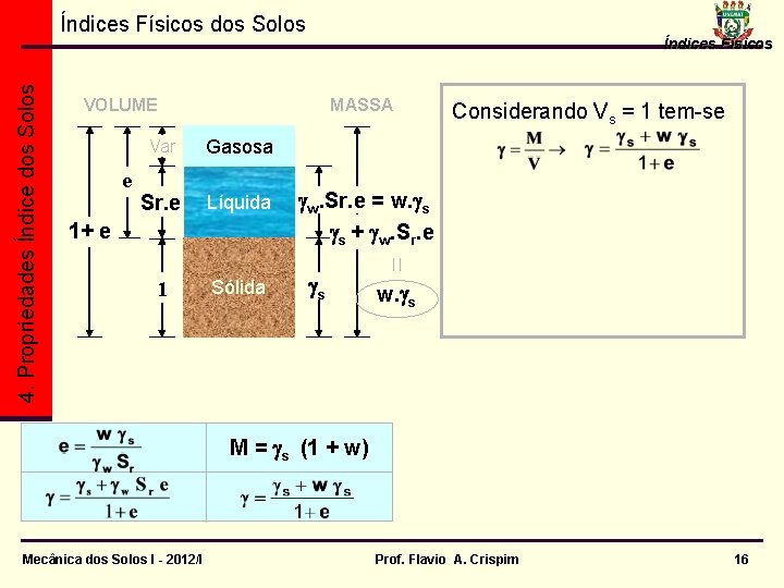 4. Propriedades Índice dos Solos Índices Físicos dos Solos VOLUME e Vv Índices Físicos