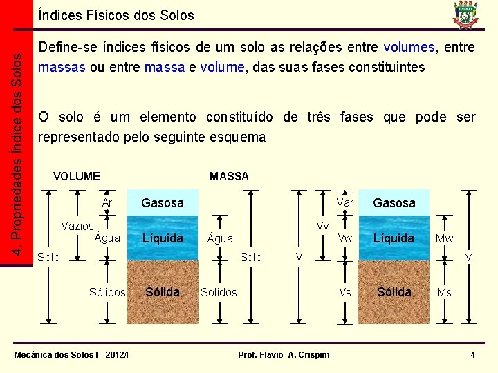 4. Propriedades Índice dos Solos Índices Físicos dos Solos Define-se índices físicos de um 4. Propriedades Índice dos Solos Índices Físicos dos Solos Define-se índices físicos de um