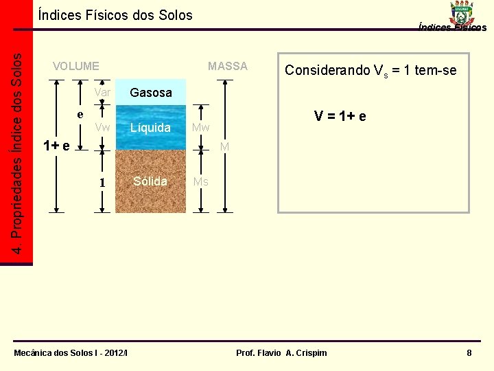 4. Propriedades Índice dos Solos Índices Físicos dos Solos VOLUME e Vv Índices Físicos